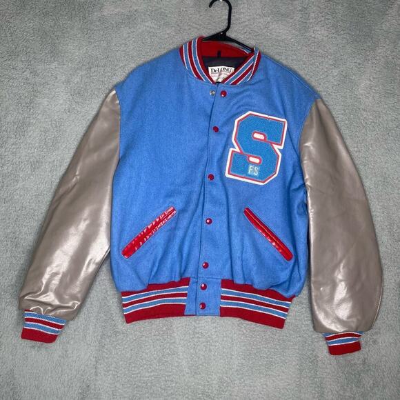 Vintage varsity letterman jacket football sports blue wool leather sleeves 44